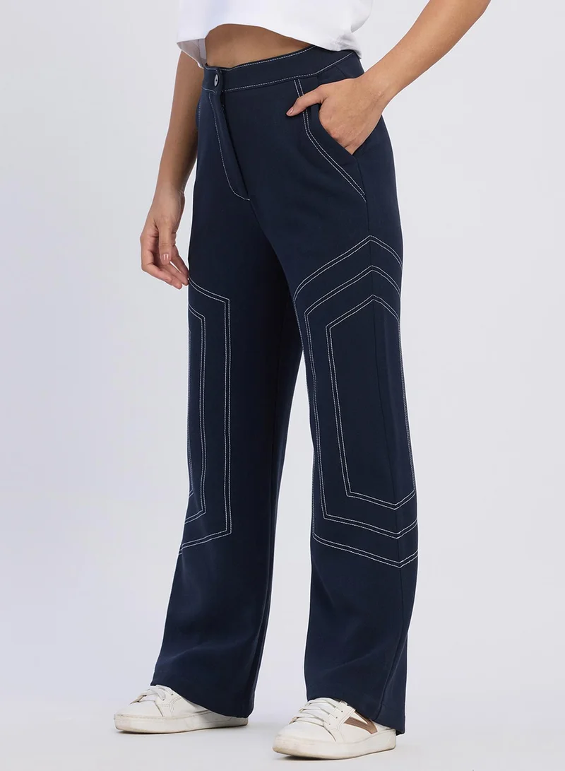 PINACOLADA PINACOLADA Women's Prussian Blue Hexagonal Straight-Fit Trousers For Casual Wear | Mid-Rise | Straight Fit | Button Closure | Trousers Designed With Comfortable Fit For Woman & Girls