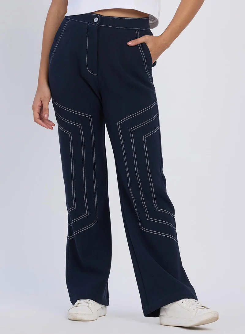 PINACOLADA PINACOLADA Women's Prussian Blue Hexagonal Straight-Fit Trousers For Casual Wear | Mid-Rise | Straight Fit | Button Closure | Trousers Designed With Comfortable Fit For Woman & Girls
