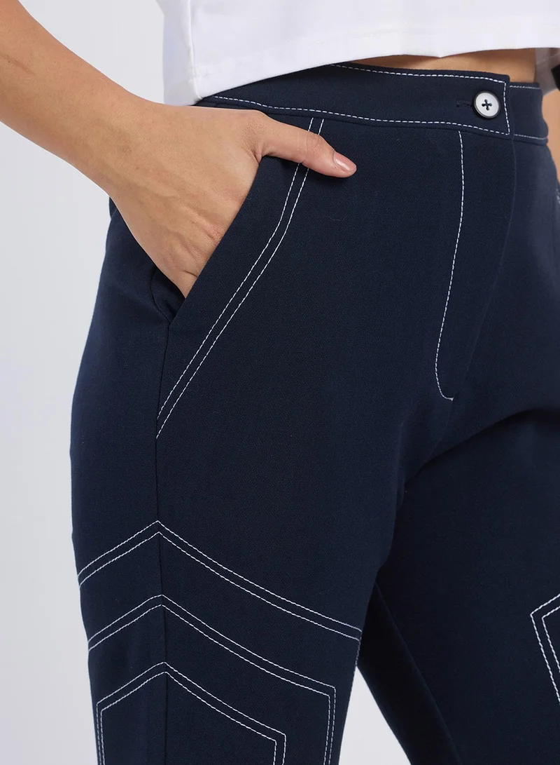 PINACOLADA PINACOLADA Women's Prussian Blue Hexagonal Straight-Fit Trousers For Casual Wear | Mid-Rise | Straight Fit | Button Closure | Trousers Designed With Comfortable Fit For Woman & Girls