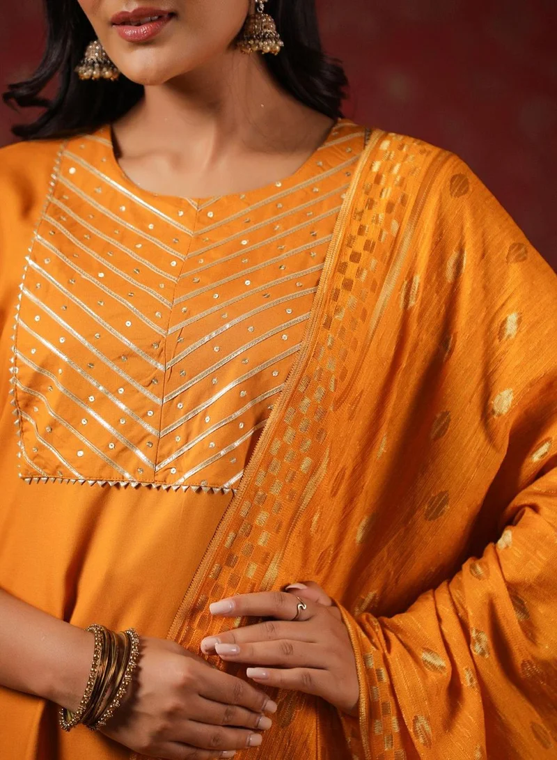 آي شين Women's Mustard Rayon Printed Tunic Full Length Casual Regular Fit Kurta Set