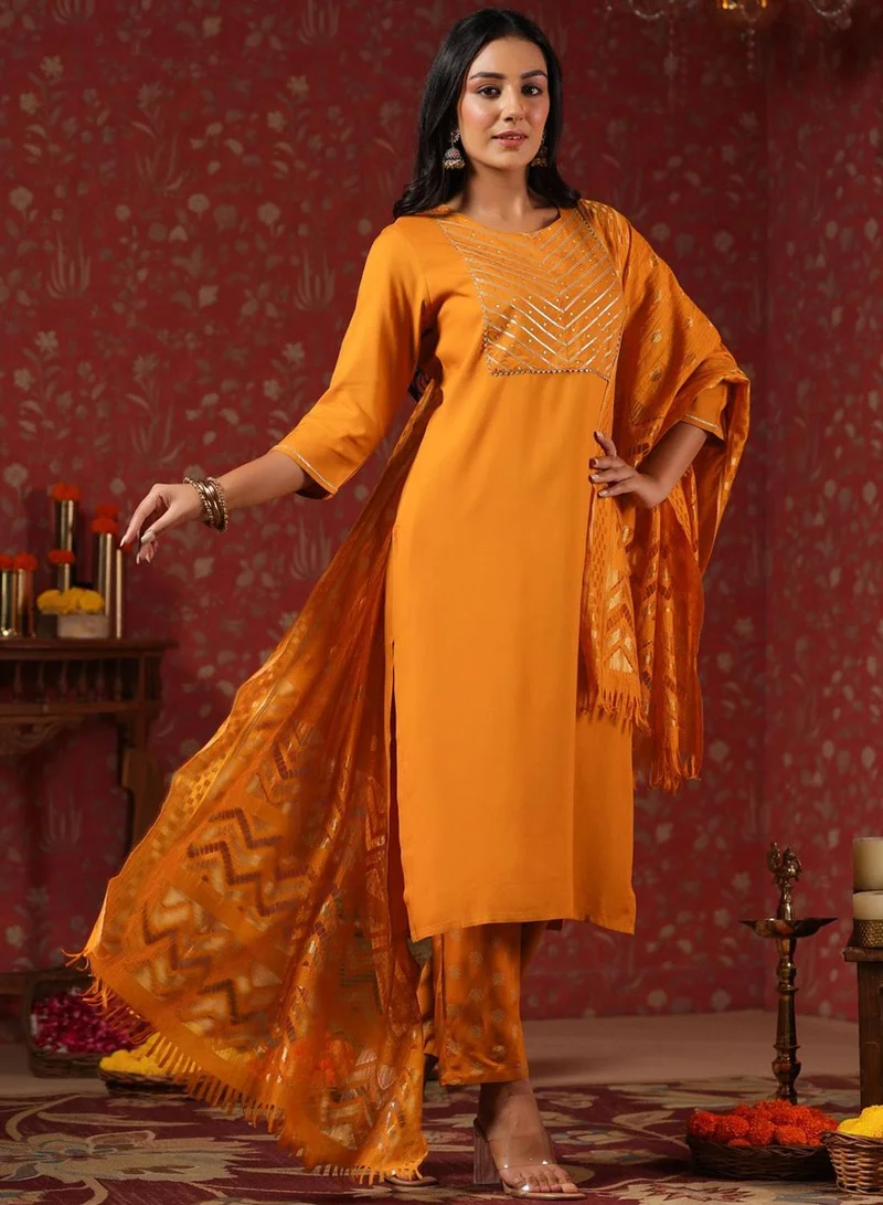 آي شين Women's Mustard Rayon Printed Tunic Full Length Casual Regular Fit Kurta Set