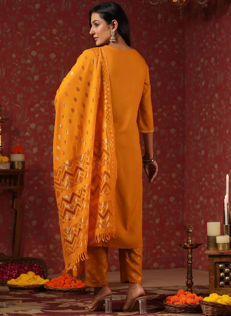 آي شين Women's Mustard Rayon Printed Tunic Full Length Casual Regular Fit Kurta Set