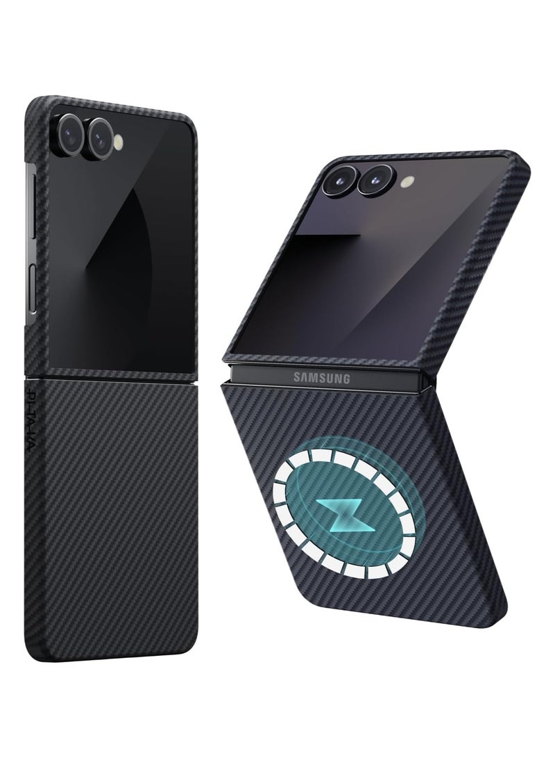 pitaka for Z Flip 7 Case, Compatible with MagSafe, Slim & Light Galaxy Z Flip 7 Case with Caseless Touch Feeling, 600D Aramid Fiber Made, Black/Grey(Twill) - Image 1