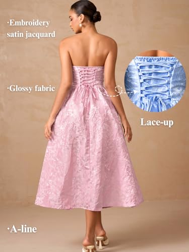 ShawGobow Strapless Corset Dress,Jacquard Formal Midi Dresses for Women,Wedding Guest Cocktail Party Outfits Pink Small - Image 5