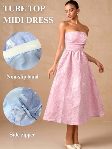 ShawGobow Strapless Corset Dress,Jacquard Formal Midi Dresses for Women,Wedding Guest Cocktail Party Outfits Pink Small - Image 4