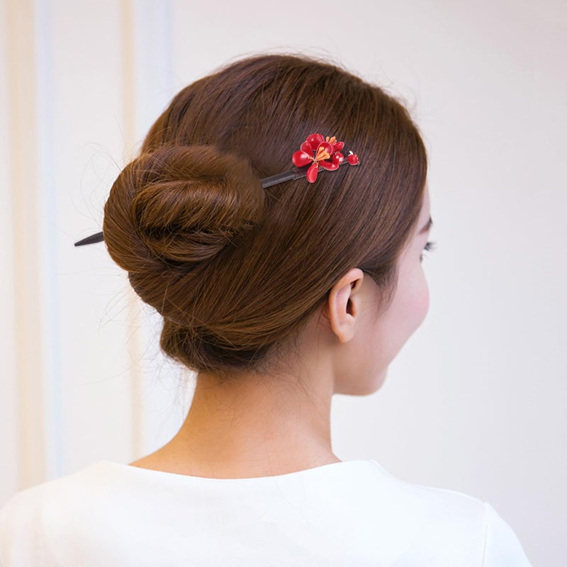 Dark Red Vintage Wooden Hair Stick Chinese Style Flower Shaped Hairpin for Women - Image 4