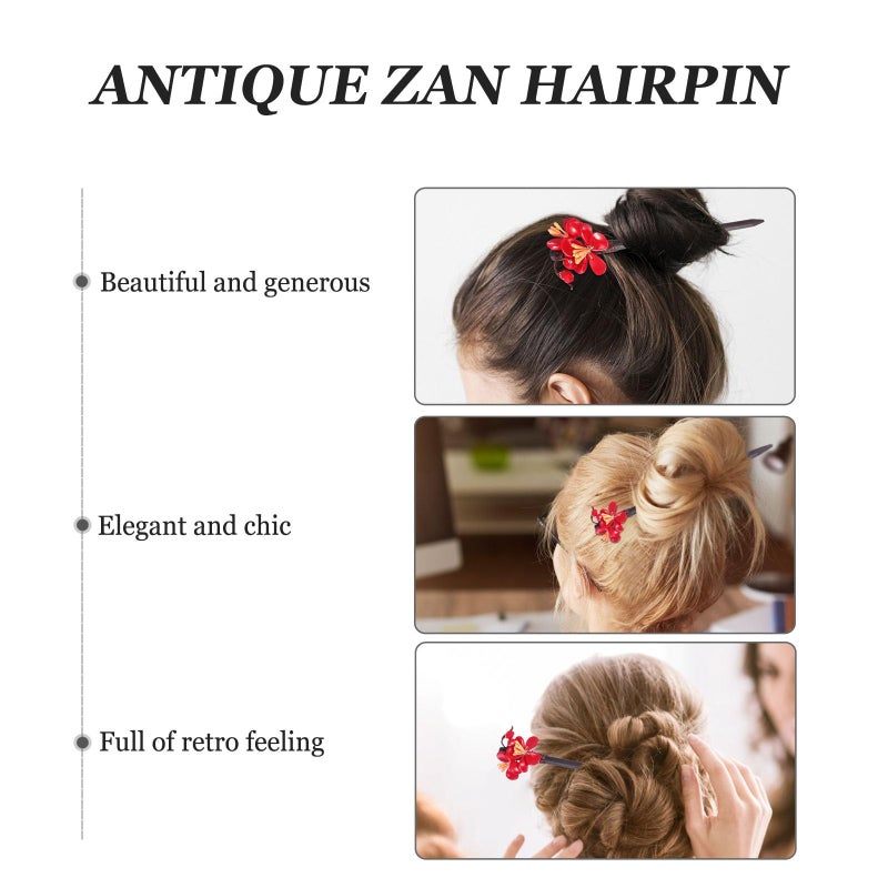Dark Red Vintage Wooden Hair Stick Chinese Style Flower Shaped Hairpin for Women - Image 3