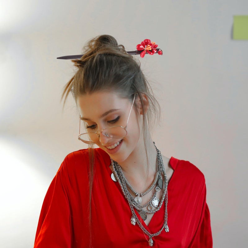 Dark Red Vintage Wooden Hair Stick Chinese Style Flower Shaped Hairpin for Women - Image 5