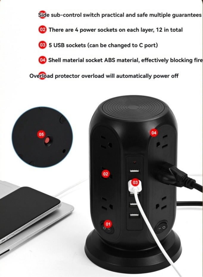 M MIAOYAN Multi-Functional Vertical Power Strip with 5 USB Fast Charging Ports, EU Plug, Overload Protection, Home Use with Cable and Switch - Image 2