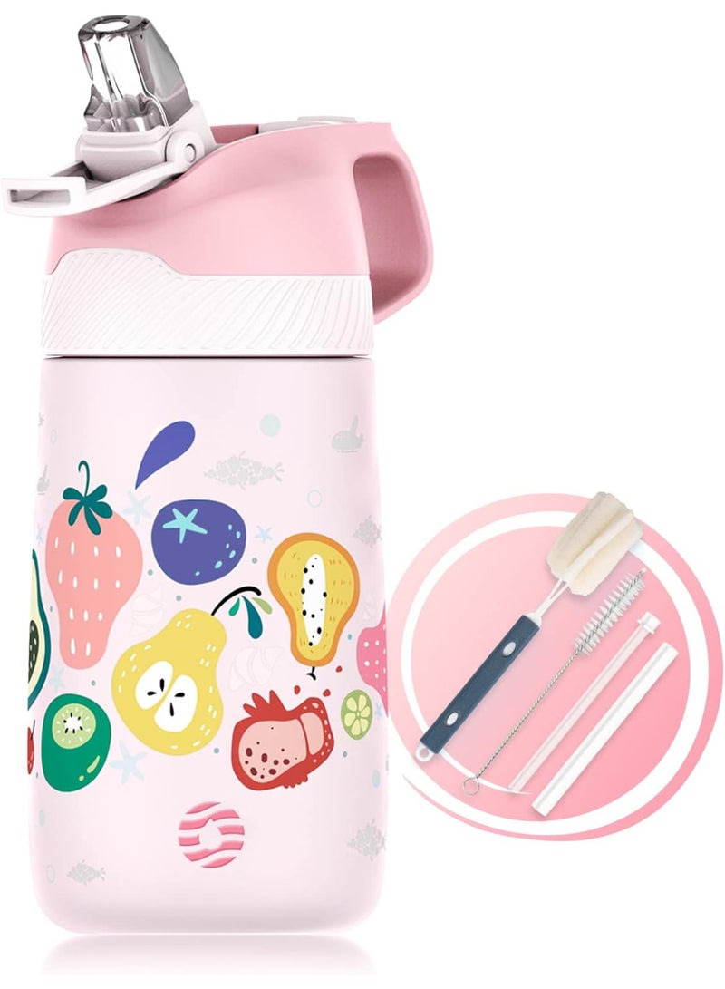 FjBottle Kids Stainless Steel Water Bottles with Straw, 12 oz Leak Proof Insulated Water Bottle Double Wall Keep Hot Cold Drinks Thermos Toddler Bottle with Handle BPA-Free for School - Image 1