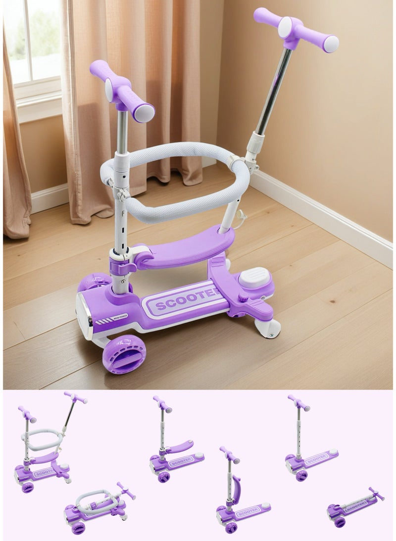 EASY FUTURE Adjustable 4-in-1 Toddler Kick Scooter with Seat, Foldable Three Wheel Scooter for Kids, Parent Push Bar & 360° Baby Fence, Safe Scooter for Boys & Girls Ages 1-12 - Image 1