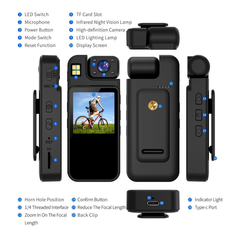 1080P Wearable Clip On And Screw Mount Camera FHD Portable Action Recorder Body Cam With 180 Degree Rotatable Lens Loop Recording Video Playback Night Vision Audio Recording 1000mAh Rechargeable Battery Long Power Reserve After Shutdown Black - Image 5