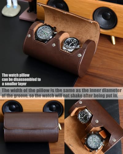 Besforu Watch Roll Travel Case for Men and Women with Suede Lining Portable 2 Slot Watch Display Storage and Organizer to Holder Large Watch (2 Slot Dark Brown) - Image 4