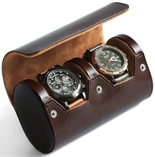 Besforu Watch Roll Travel Case for Men and Women with Suede Lining Portable 2 Slot Watch Display Storage and Organizer to Holder Large Watch (2 Slot Dark Brown) - Image 1