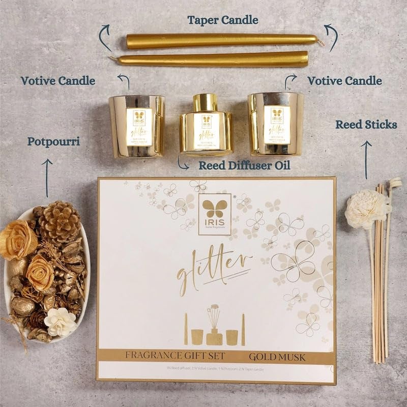 IRIS Glitter Fragrance Gift Set | 1N Reed Diffuser Oil, 6N Reed Sticks,1N Potpourri (100G), 2N Taper Candle (45g Each), 2N Votive Candle (128g Each) | Ideal for Festive Gifting & Home Décor - Image 2