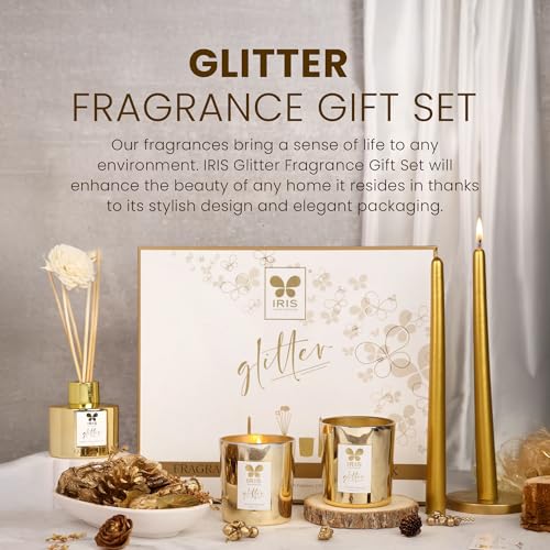 IRIS Glitter Fragrance Gift Set | 1N Reed Diffuser Oil, 6N Reed Sticks,1N Potpourri (100G), 2N Taper Candle (45g Each), 2N Votive Candle (128g Each) | Ideal for Festive Gifting & Home Décor - Image 3