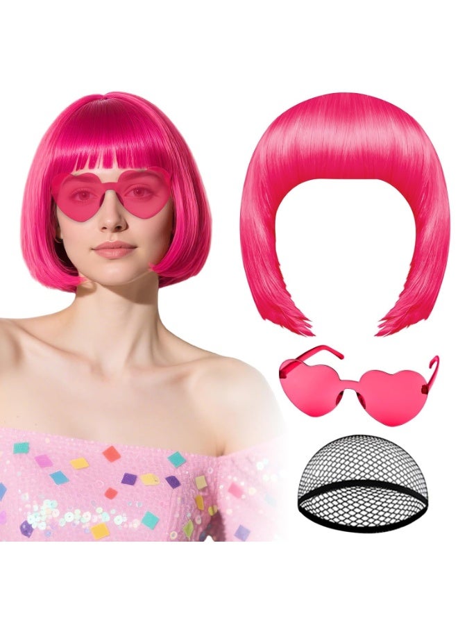 OSHIMA Short Wig with Heart Sunglasses and Hair Cap, Women Short Straight Bob Wigs with Bangs, Short Straight Wigs, Colorful Wigs for Women Festivals Costume Party Decorations (Rose Pink) - Image 1
