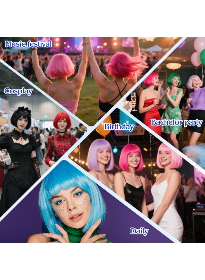 OSHIMA Short Wig with Heart Sunglasses and Hair Cap, Women Short Straight Bob Wigs with Bangs, Short Straight Wigs, Colorful Wigs for Women Festivals Costume Party Decorations (Rose Pink) - Image 5