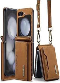 Generic fashion mania Cards Solt Wallet Crossbody Lanyard Leather Cover For Samsung Galaxy Z Flip 5 2023 5G Purse Pocket Shoulder Strap Phone Case (Brown) 