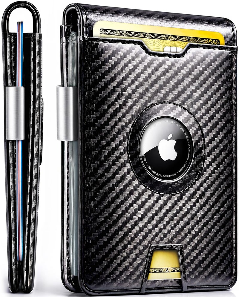 EVEO AirTag Wallet Men - Bifold Wallets for Men, Air Tag Wallet With AirTag Holder, Smart Wallet for Mens Minimalist Wallet Money Clip,10 Cards, RFID Blocking AirTag Not Included* - Carbon Fiber Black - Image 1