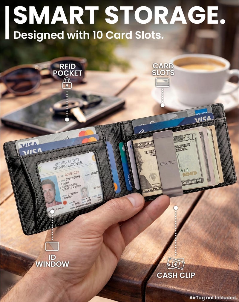 EVEO AirTag Wallet Men - Bifold Wallets for Men, Air Tag Wallet With AirTag Holder, Smart Wallet for Mens Minimalist Wallet Money Clip,10 Cards, RFID Blocking AirTag Not Included* - Carbon Fiber Black - Image 3