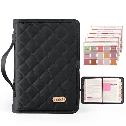 BellaHold Adjustable Bible Cover with 75 Bible Tabs - Bible Cover Case for Women，Waterproof, Washable Quilted Bible Case，Reusable Christian Gifts for Women (Black, L) - Image 1