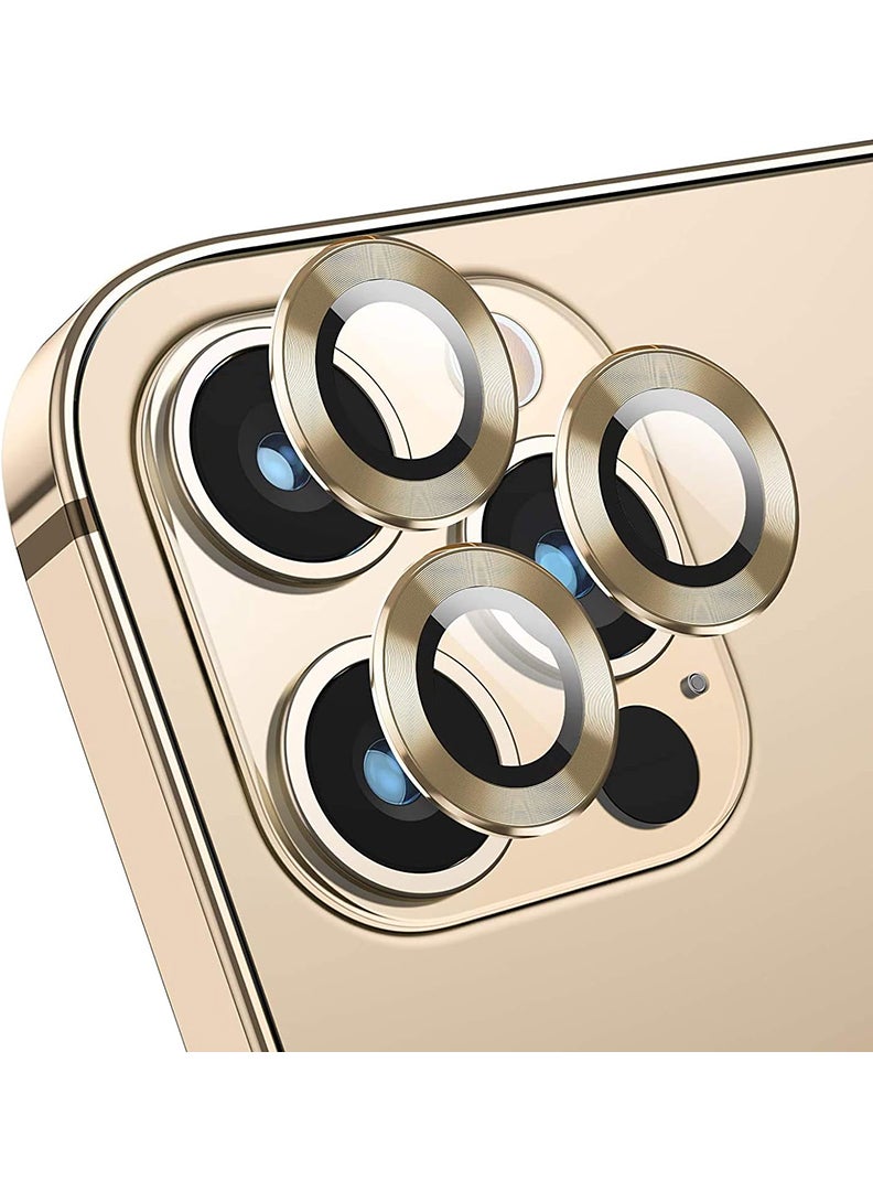 Theodor iPhone 12/ 12 Pro 3 Pcs Camera Lens Protector With 9H Tempered HD Glass Camera Cover Anti Scratch Aluminum Alloy Camera Ring, Gold - Image 1