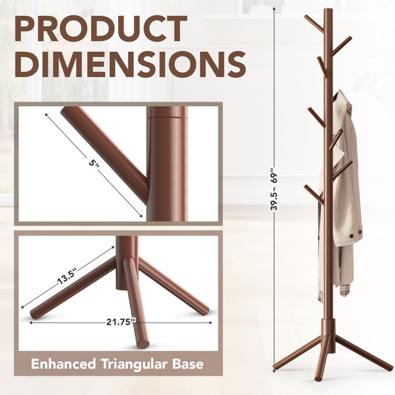 Hupmad Wooden Tree Coat Rack Stand,Sturdy Freestanding Coat Rack with 8 Hooks,3 Adjustable Height for Child Adult,Wood Coat Stand Tree Fits Entryway Bedroom Office for Bags,Hats - Image 5