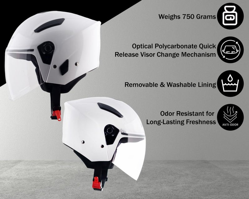 Vega Orion Open Face Riding Helmet with Lightweight Shell, Comfortable Liner, Shock Absorbing Interior, Ventilated Fit, Durable Build, and Modern White Styling White-M - Image 4