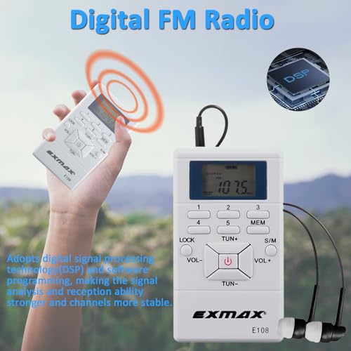 EXMAX E108 Wireless FM Radio Receiver Portable DSP Stereo Pocket Mini Receiver Digital Samll Earbuds LCD Clock for Translator Tour Guide System FM Transmitter Work - White - Image 3
