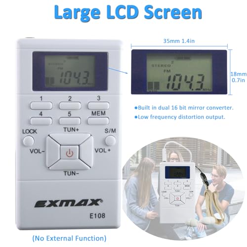 EXMAX E108 Wireless FM Radio Receiver Portable DSP Stereo Pocket Mini Receiver Digital Samll Earbuds LCD Clock for Translator Tour Guide System FM Transmitter Work - White - Image 4