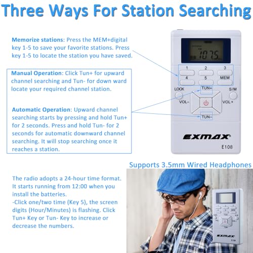 EXMAX E108 Wireless FM Radio Receiver Portable DSP Stereo Pocket Mini Receiver Digital Samll Earbuds LCD Clock for Translator Tour Guide System FM Transmitter Work - White - Image 5
