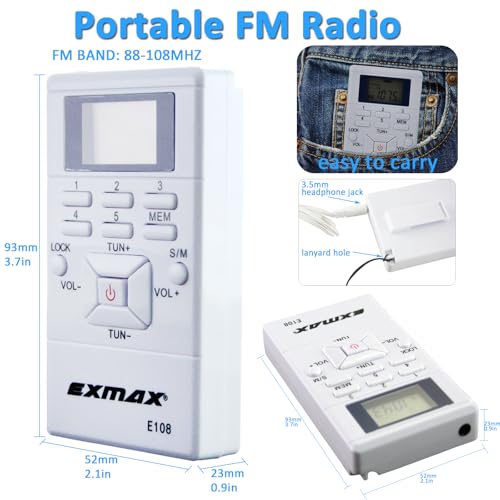EXMAX E108 Wireless FM Radio Receiver Portable DSP Stereo Pocket Mini Receiver Digital Samll Earbuds LCD Clock for Translator Tour Guide System FM Transmitter Work - White - Image 2