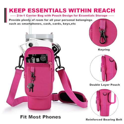 BULKITEM 30oz Water Bottle Carrier Bag with Phone Pocket for Pink Stanley 30 oz Tumbler with Handle, Hot Pink Insulated Neoprene Cup Holder Pouch Strap for Valentines Stanley Cup Accessories - Image 4