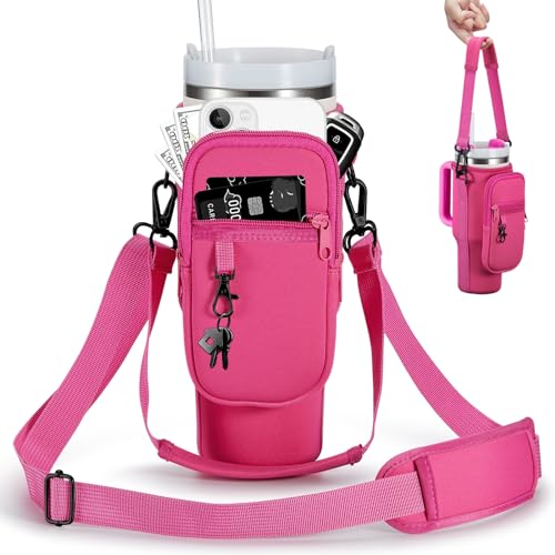 BULKITEM 30oz Water Bottle Carrier Bag with Phone Pocket for Pink Stanley 30 oz Tumbler with Handle, Hot Pink Insulated Neoprene Cup Holder Pouch Strap for Valentines Stanley Cup Accessories - Image 1