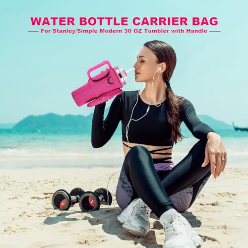 BULKITEM 30oz Water Bottle Carrier Bag with Phone Pocket for Pink Stanley 30 oz Tumbler with Handle, Hot Pink Insulated Neoprene Cup Holder Pouch Strap for Valentines Stanley Cup Accessories - Image 2