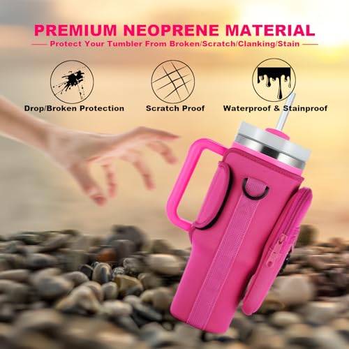 BULKITEM 30oz Water Bottle Carrier Bag with Phone Pocket for Pink Stanley 30 oz Tumbler with Handle, Hot Pink Insulated Neoprene Cup Holder Pouch Strap for Valentines Stanley Cup Accessories - Image 3