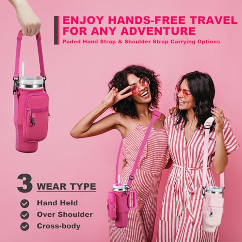 BULKITEM 30oz Water Bottle Carrier Bag with Phone Pocket for Pink Stanley 30 oz Tumbler with Handle, Hot Pink Insulated Neoprene Cup Holder Pouch Strap for Valentines Stanley Cup Accessories - Image 5