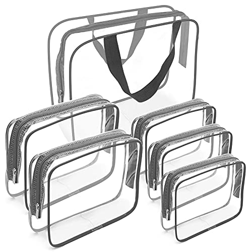 APREUTY Clear Makeup Bags, TSA Approved 6Pcs Cosmetic Makeup Bags Set Clear PVC with Zipper Handle Portable Travel Luggage Pouch Airport Airline Bags Bathroom (Gray) - Image 1