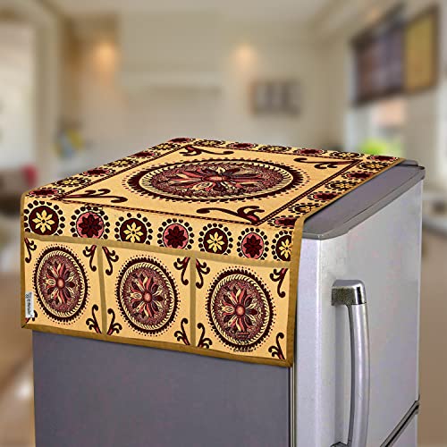 E-Retailer® Polyester 2-Layered Fridge Top Cover/Refrigerator Cover With 6 Utility Pockets (Color-Golden, Size-39x21 Inches) - Image 1