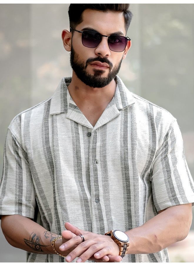 Maniac Mens Stripes 3/4th Sleeve 3/4th White Green Shirt  - Image 1