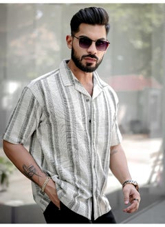 Maniac Mens Stripes 3/4th Sleeve 3/4th White Green Shirt  - Image 5