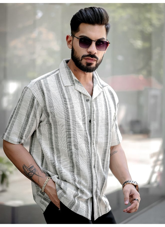 Maniac Mens Stripes 3/4th Sleeve 3/4th White Green Shirt  - Image 5