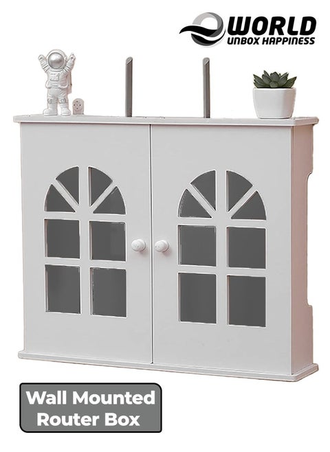 Stylish Wall-Mounted Router Rack for Wi-Fi Router, Set-Top Box, Light Cat Box, and More, Includes Doors and Patch Panel Shielding Box for Neat Storage, White.