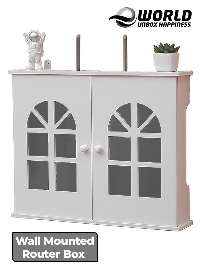 Stylish Wall-Mounted Router Rack for Wi-Fi Router, Set-Top Box, Light Cat Box, and More, Includes Doors and Patch Panel Shielding Box for Neat Storage, White.