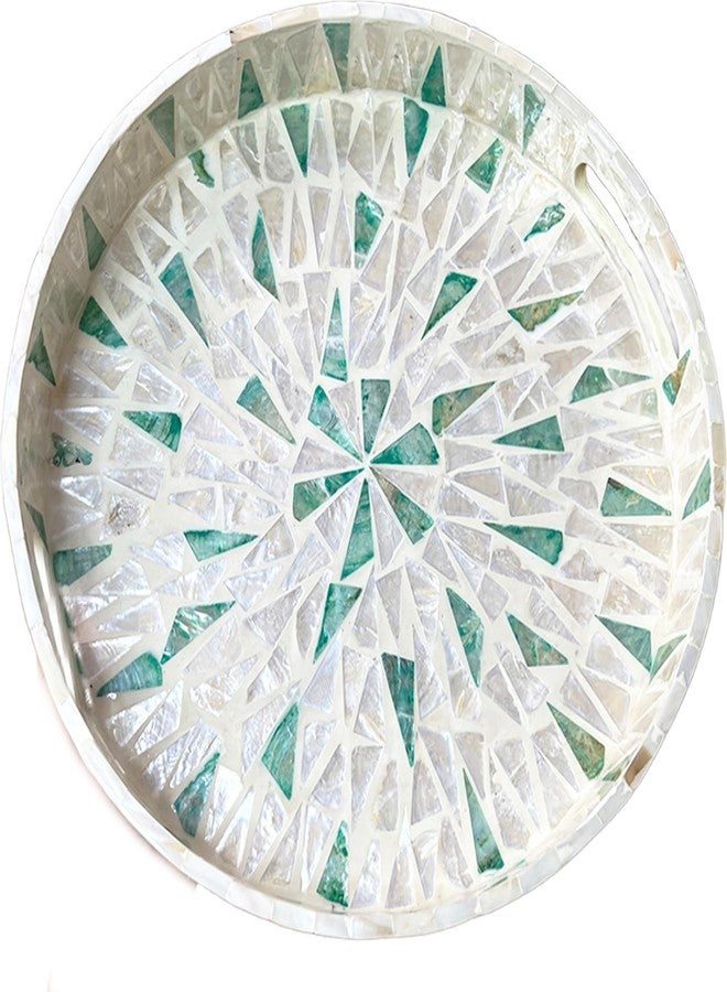 I-LAN 12 Inch Round Mother of Pearl Serving Tray with Handles - Handmade Inlay Nacre Decorative Tray for Coffee Table, Ottoman & Kitchen - Green & Beige Lacquer Wood Plate for Food, Breakfast, Vanity - Image 1