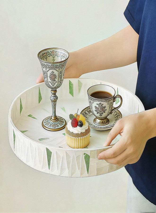 I-LAN 12 Inch Round Mother of Pearl Serving Tray with Handles - Handmade Inlay Nacre Decorative Tray for Coffee Table, Ottoman & Kitchen - Green & Beige Lacquer Wood Plate for Food, Breakfast, Vanity - Image 3