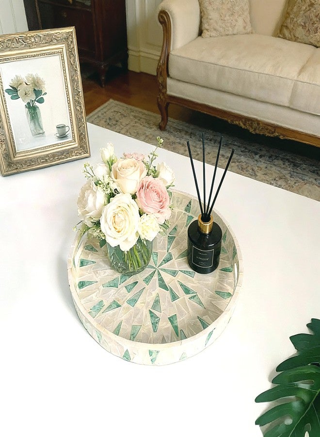 I-LAN 12 Inch Round Mother of Pearl Serving Tray with Handles - Handmade Inlay Nacre Decorative Tray for Coffee Table, Ottoman & Kitchen - Green & Beige Lacquer Wood Plate for Food, Breakfast, Vanity - Image 4