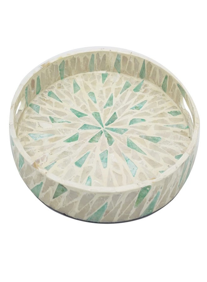 I-LAN 12 Inch Round Mother of Pearl Serving Tray with Handles - Handmade Inlay Nacre Decorative Tray for Coffee Table, Ottoman & Kitchen - Green & Beige Lacquer Wood Plate for Food, Breakfast, Vanity - Image 2