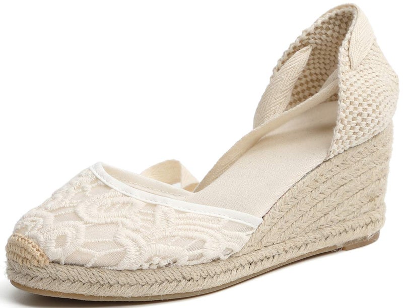 Ulite Womens Espadrille Wedge Sandals Closed Toe Platform Lace Up Ankle Strap Slingback Summer Dress Shoes White Lace25 Heel 8